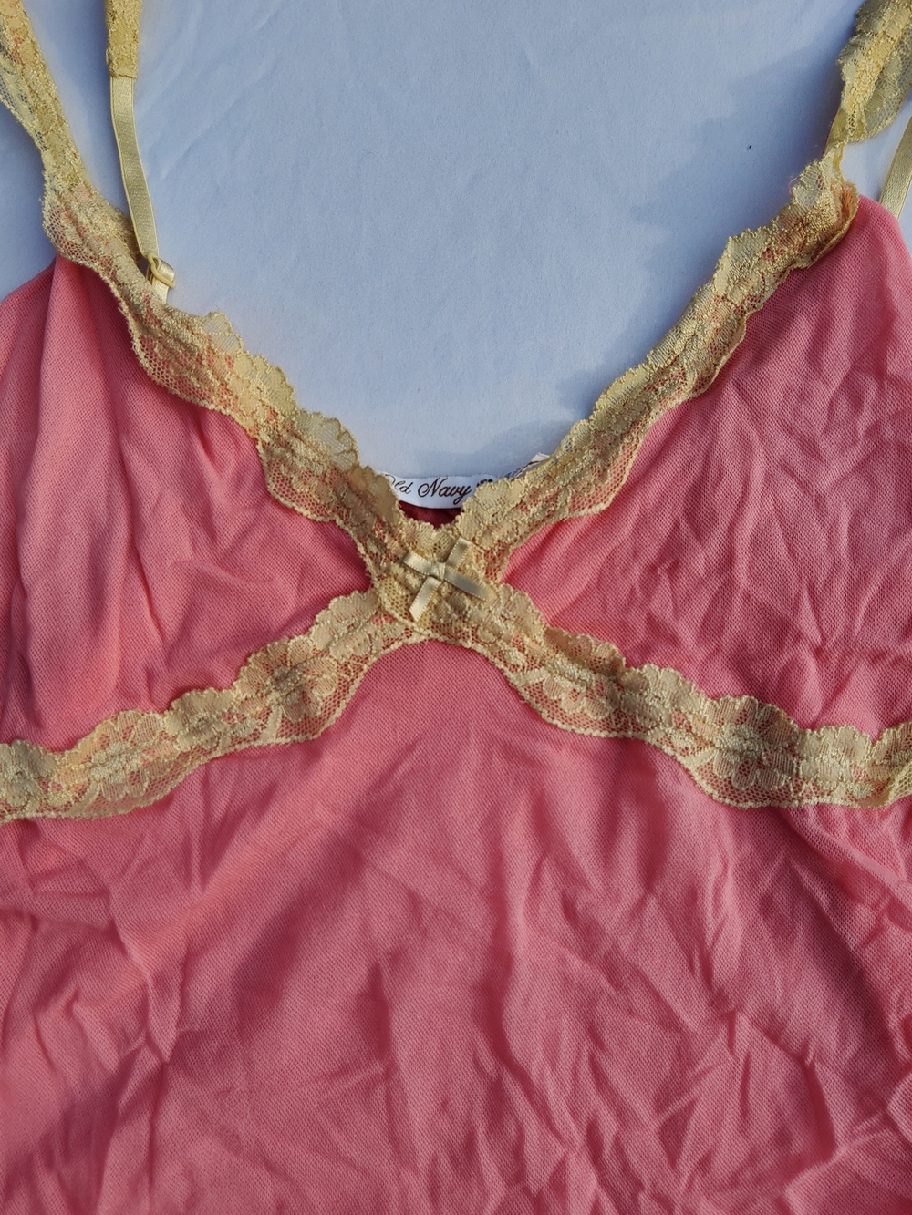 Y2K Old Navy Sheer Lingerie Camisole Tank Top with Gold Lace Bow Trim - Picture 2 of 8